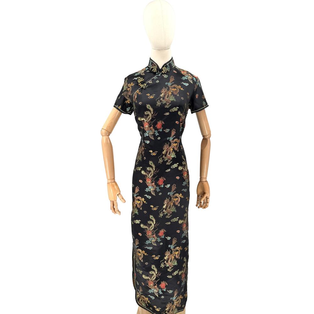 Vintage Y2K Lian Lin Black Metallic Dragon Phoenix Cheongsam Qipao Maxi Dress